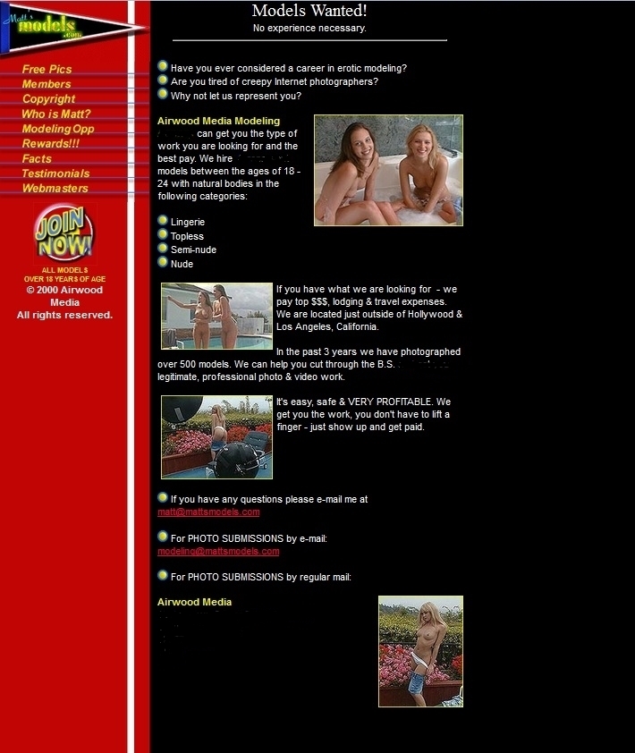 screenshot of www.MattsModels.com Models Wanted page from 1999